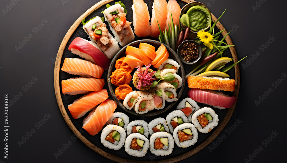 food shot a colorful sushi platter with different types