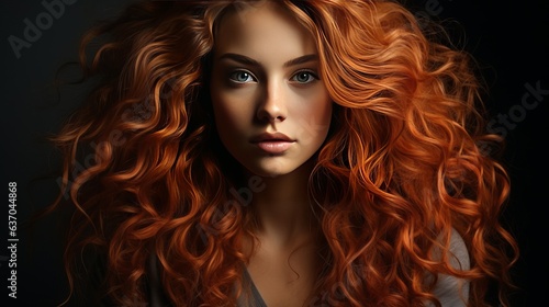 A PORTRAIT OF A RED-HAIRED BEAUTIFUL WELL-GROOMED YOUNG WOMAN WITH CURLY HAIR ON A BLACK ISOLATED BACKGROUND.