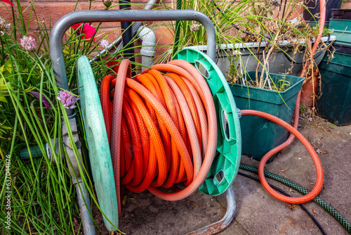 An old, weathered looking hose pipe on a reel on the ground in front of a wall in a back garden. photo