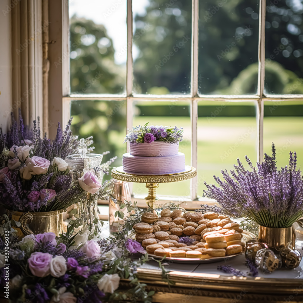 Wedding cake with lavender floral decor, party celebration and holiday dessert in a countryside garden, event food catering, country cottage style, generative ai