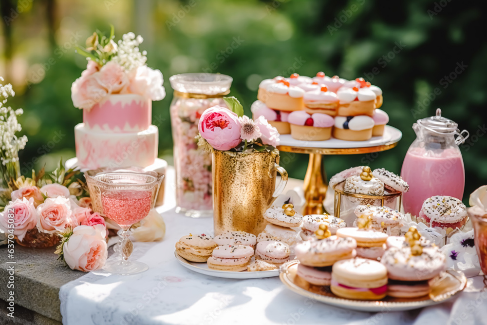 Wedding buffet table, event dessert food catering for wedding, party and holiday celebration, cakes, sweets and desserts in a country garden, generative ai Wedding buffet table, event dessert food catering for wedding, party and holiday celebration, cakes, sweets and desserts in a country garden, generative ai