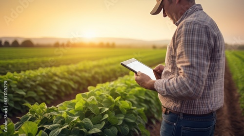 Happy farmer stands and smile holds tablet in his hands against background of working tractor in field. Concept ecology  transport  outdoor nature  clean air  food. Natural production bio product.