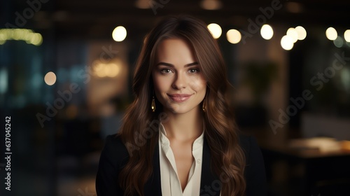 Close up portrait of smiling beautiful millennial businesswoman or CEO looking at camera  happy female boss posing making  confident successful woman at work. Generative Ai.