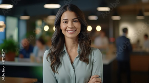 Close up portrait of smiling beautiful millennial businesswoman or CEO looking at camera, happy female boss posing making, confident successful woman at work. Generative Ai.