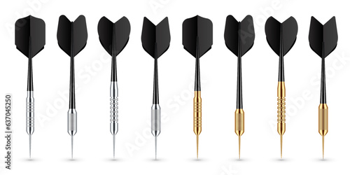 Black dart arrows with metal tip and shadow. Dart throwing sport game, dartboard equipment. Vector illustration