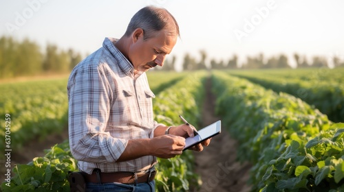 Happy farmer stands and smile holds tablet in his hands against background of working tractor in field. Concept ecology  transport  outdoor nature  clean air  food. Natural production bio product.