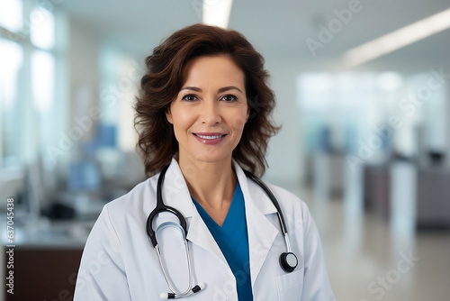 Expert Female Medical Professional Wearing Labcoat Smiling in Hospital Environment with Stethoscope