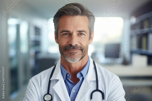 Male Doctor: Attractive Medical Professional in his 40's, Smiling with Doctor's Office Blurred Background