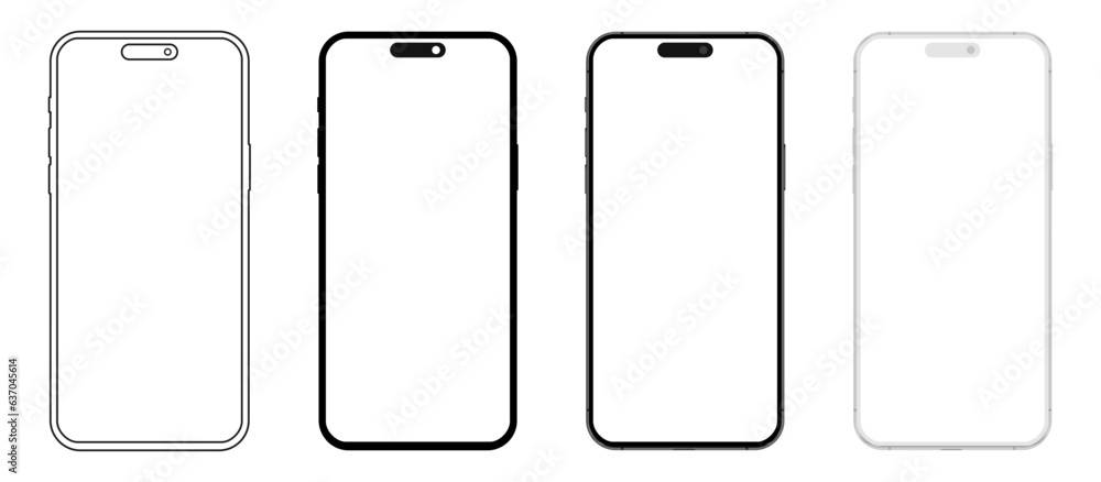 Set smartphone mockup with blank white screen in flat, line and realistic style, detailed mobile phone mockup, black and white models smartphone front view, model 3D mobile phone, ui, ux - vector Set smartphone mockup with blank white screen in flat, line and realistic style, detailed mobile phone mockup, black and white models smartphone front view, model 3D mobile phone, ui, ux - vector