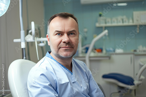 Serious dentist man sitting in dental clinic. Portrait of male confident dentist working in his consulting room