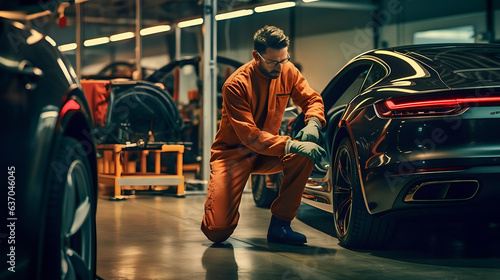 Mécanicien garagiste expert au travail dans un garage animé, entouré d'outils et de machines, capturant l'essence de la mécanique automobile © MATTHIEU