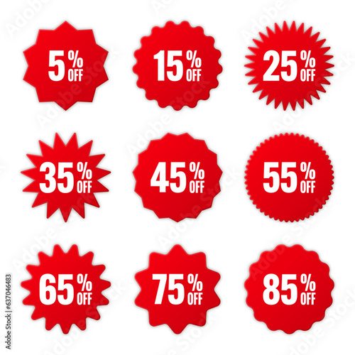 Price tags collection, special offer or shopping discount label with percent, discount percentage value. Red retail paper sticker. Promotional sale badge. Vector illustration