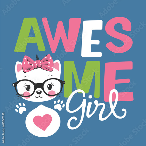 Cute cat girl face on dark background, Awesome slogan text for t-shirt graphics, fashion prints, posters and other uses