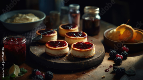 Baked cheesecakes with fruit jam.