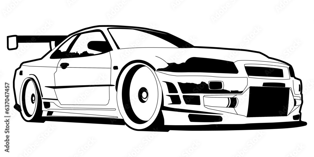 Japanese sports car. Monochrome image of a vector car.