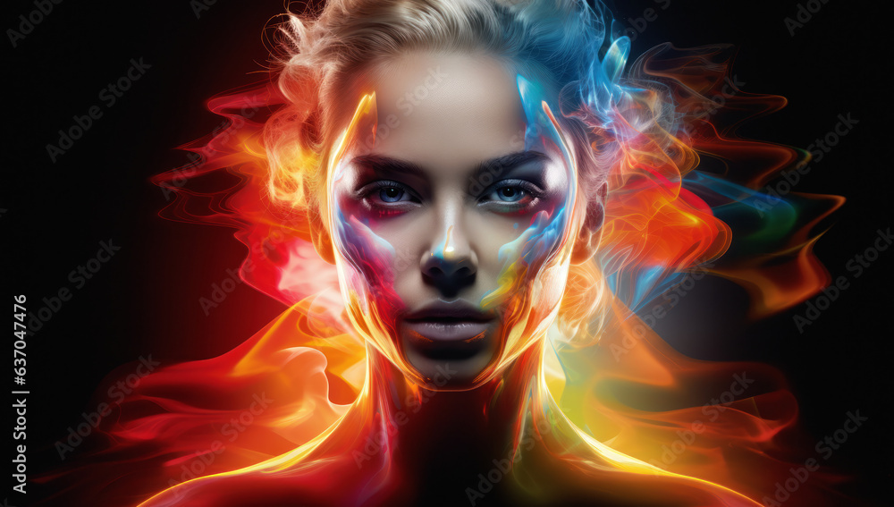 Woman Face with Colorful Hair Flames. Artistic Illustration of Fantasy and Glamour. Express Your Vibrant Spirit. Woman Face with Colorful Hair Flames. Artistic Illustration of Fantasy and Glamour. Express Your Vibrant Spirit.