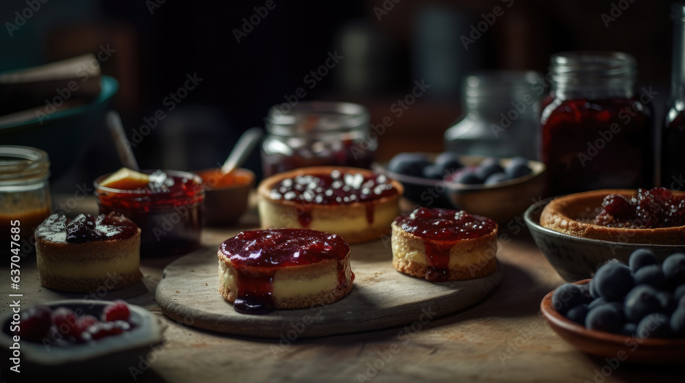 Baked cheesecakes with fruit jam. Baked cheesecakes with fruit jam.
