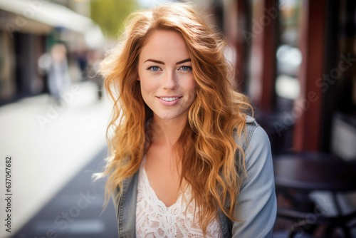 Outdoor city portrait of a young auburn hair woman outside a quiet cafe.