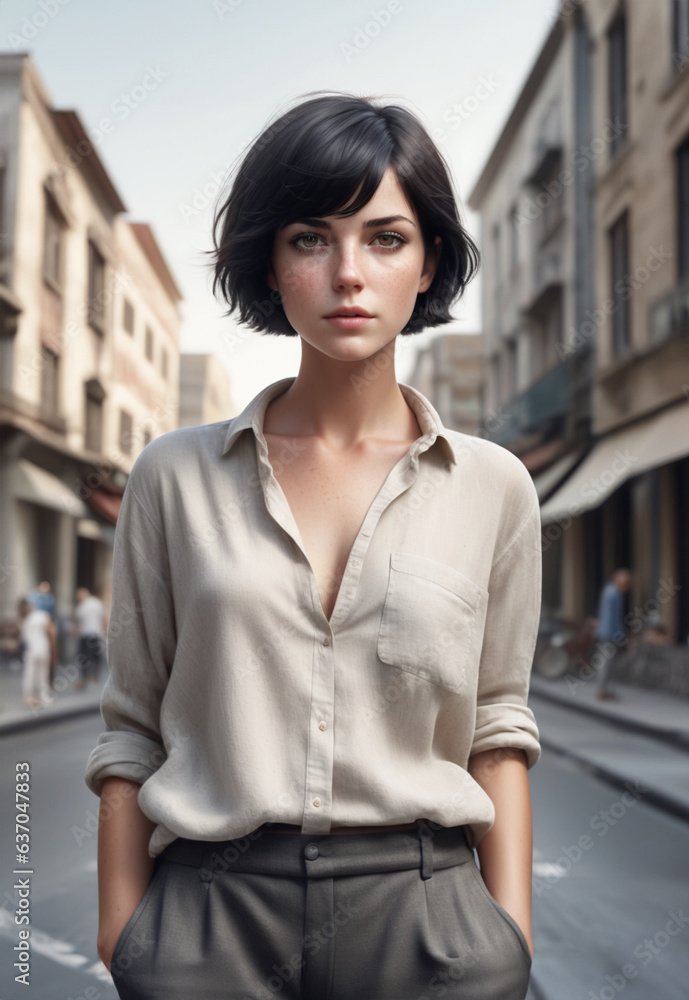 immagine primo piano di giovane affascinante donna in abbigliamento casual, ambientazione con strada cittadina e luce diurna immagine primo piano di giovane affascinante donna in abbigliamento casual, ambientazione con strada cittadina e luce diurna