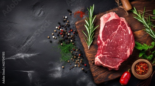 Top view of nicely cutted beef, meat steak on chopping board