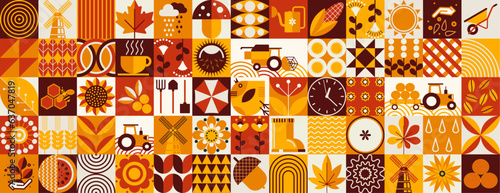 Autumn pattern. Agriculture, farming. Bauhaus mosaic style. Simple geometric shapes. Textile background of grains, poultry breeding, beekeeping, agricultural machinery, farm implements, flowers.