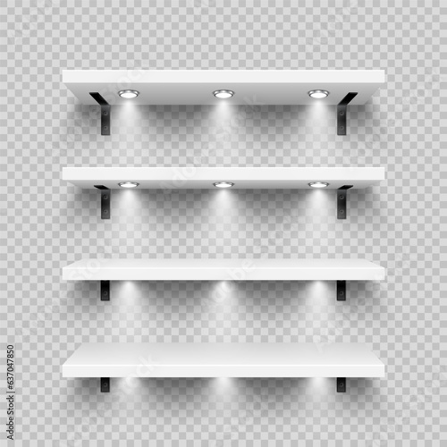Realistic white store shelves with wall mount and lighting, spotlights. Empty product shelf, grocery wall rack. Mall and supermarket furniture, bookshelf. Modern interior design. Vector illustration