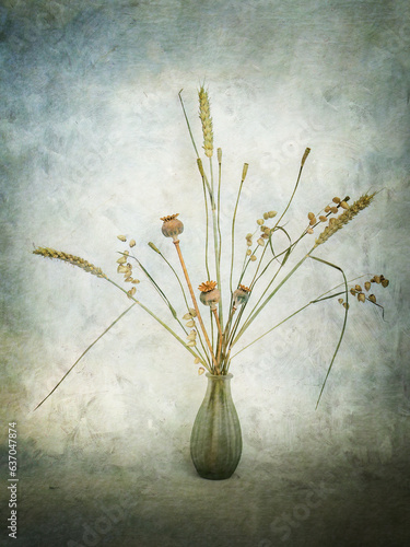Autumn seeds arranged in old vase, jug.