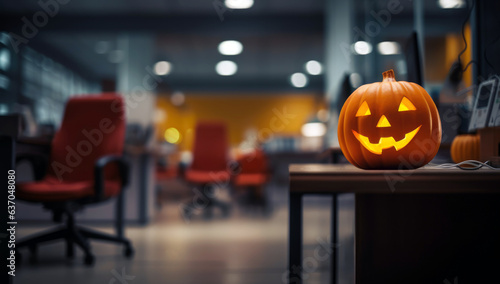 Halloween glowing pumpkin on a office desk, Business halloween decor for party. 