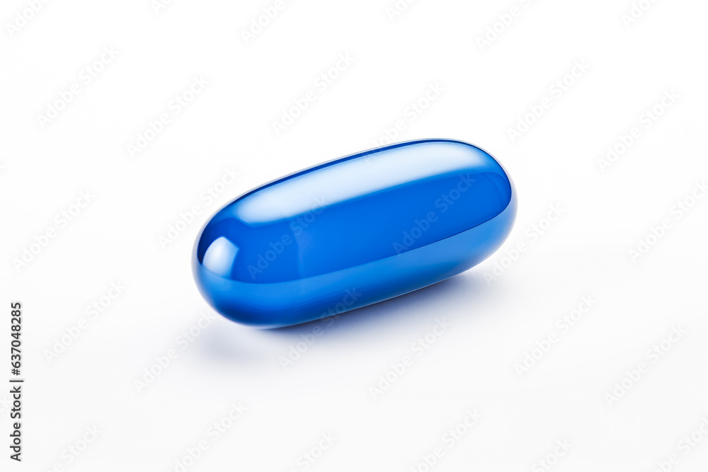 One dark blue capsule pill on plain white background. One dark blue capsule pill on plain white background.