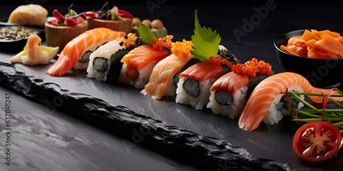  Sushi Set sashimi and sushi rolls served on stone generated with AI. 