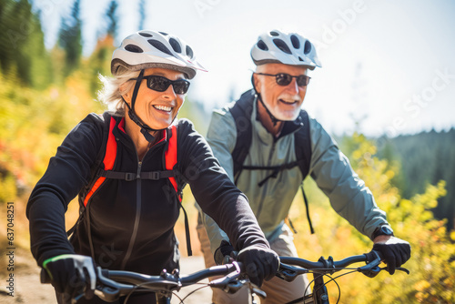 Happy older couple explores nature by bike. Active Older couple on bikes together exploring.