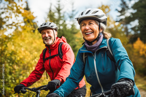 Happy older couple explores nature by bike. Active Older couple on bikes together exploring.