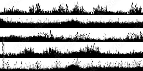 Meadow silhouettes with grass, plants on plain. Panoramic summer lawn landscape with herbs, various weeds. Herbal border, frame element. Black horizontal banners. Vector illustration