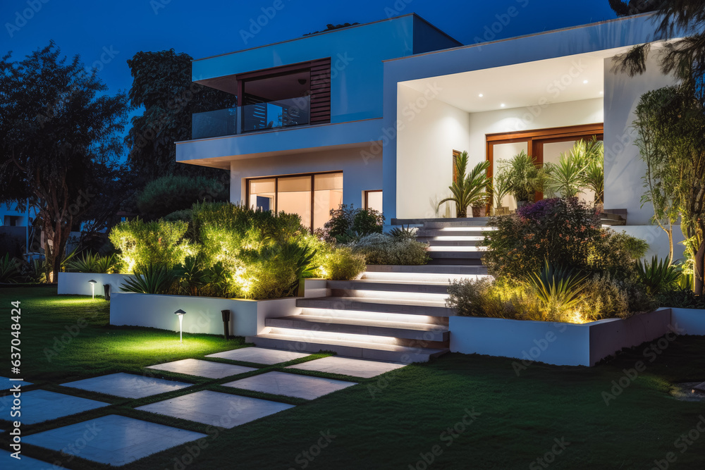 Modern house with garden at night. Green garden on left. Modern open space architecture of house and front lawn.