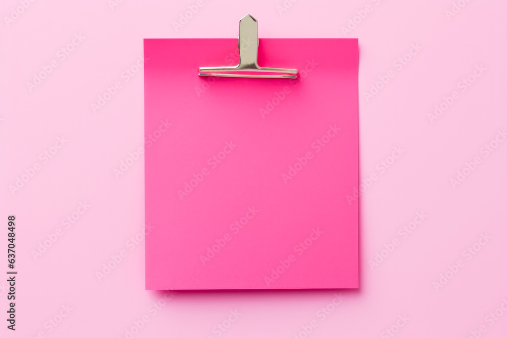 Pink sticky post it note with paper clip on pink background. Mock up of pink note. Pink sticky post it note with paper clip on pink background. Mock up of pink note.