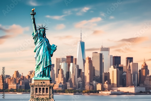 Statue of liberty on the background of the city of new york. New York statue of liberty