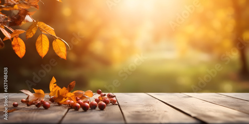 beautiful autumn background with an empty table and sunlight
