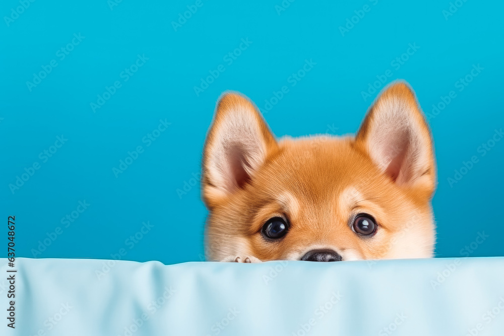 Portrait funny and happy shiba puppy dog peeking from behind curtain. Cute shiba puppy dog.