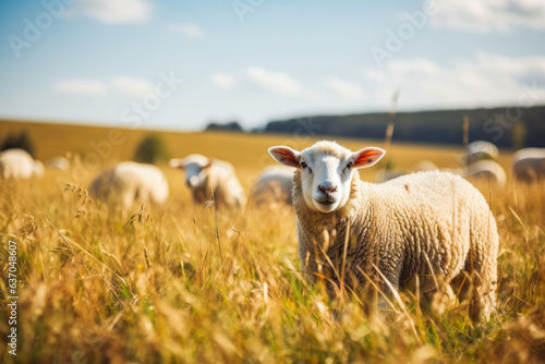 Sheep on pasture. Group of sheep in meadow. One sheep looking at camera and herd in background.