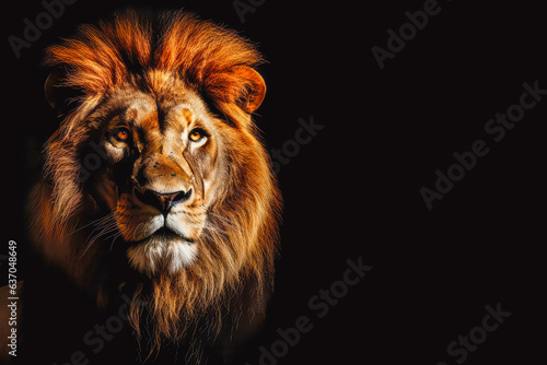 Lion king isolated on black background. Majestic lion on black background.