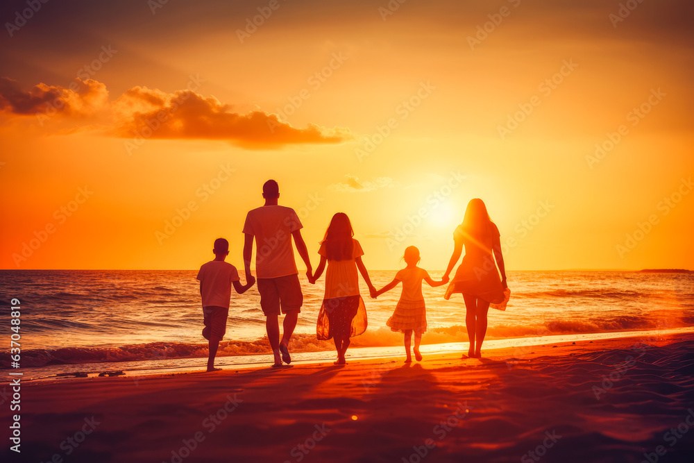 Happy large family standing and looking at sunset. Carefree family mother, father, daughter and son watching sunset in nature.