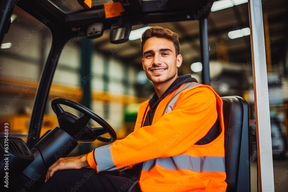 Young forklift driver sitting in vehicle in warehouse. Young male worker in reflective vest. - obrazy, fototapety, plakaty 
