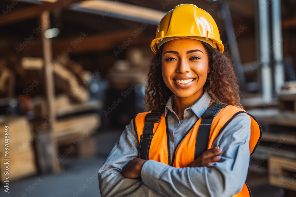 Smiling woman worker in hard hat and reflective vest. Confident young female worker at construction site. Smiling woman worker in hard hat and reflective vest. Confident young female worker at construction site.