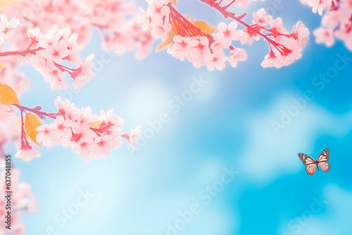 Spring banner. Branches of blossoming branches of cherry tree against blue background and butterflies. © VisualProduction