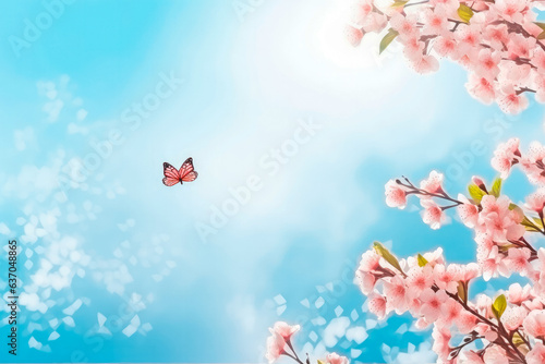 Spring banner. Branches of blossoming branches of cherry tree against blue background and butterflies.