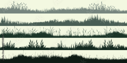 Meadow silhouettes with grass, plants on plain. Panoramic summer lawn landscape with herbs, various weeds. Herbal border, frame element. Green horizontal banners. Vector illustration