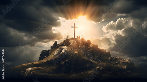 Photographie holy cross symbolizing the death and resurrection of Jesus Christ with The sky o