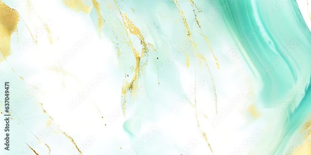 Abstract watercolor paint background illustration - Soft pastel green aquamarine color and golden lines, with liquid fluid marbled paper texture banner texture.