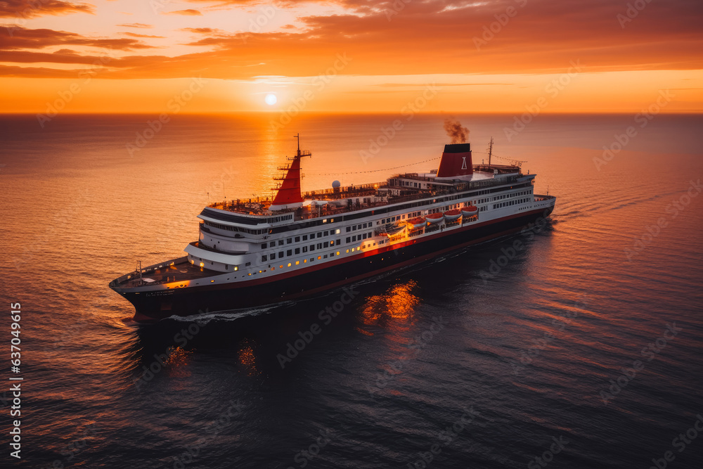 Aerial view of a cruise ship during sunset at sea. Beautiful luxurious big cruise ship.