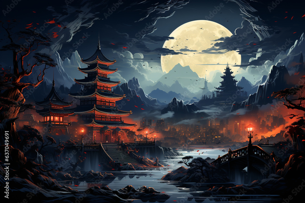 Moon and temple imaginary and fantasy landscape illustration